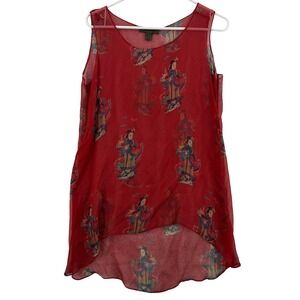 Harari Blouse Top Womens Petite Small Red Silk Sheer Geisha Print Tunic Made USA